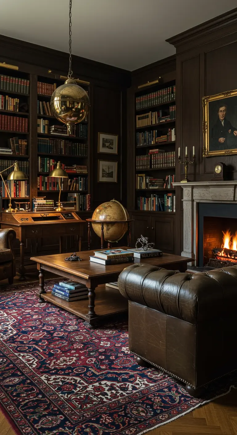 Traditionele bibliotheek met rood-blauw vintage tapijt, donkere boekenkasten en leren meubels.