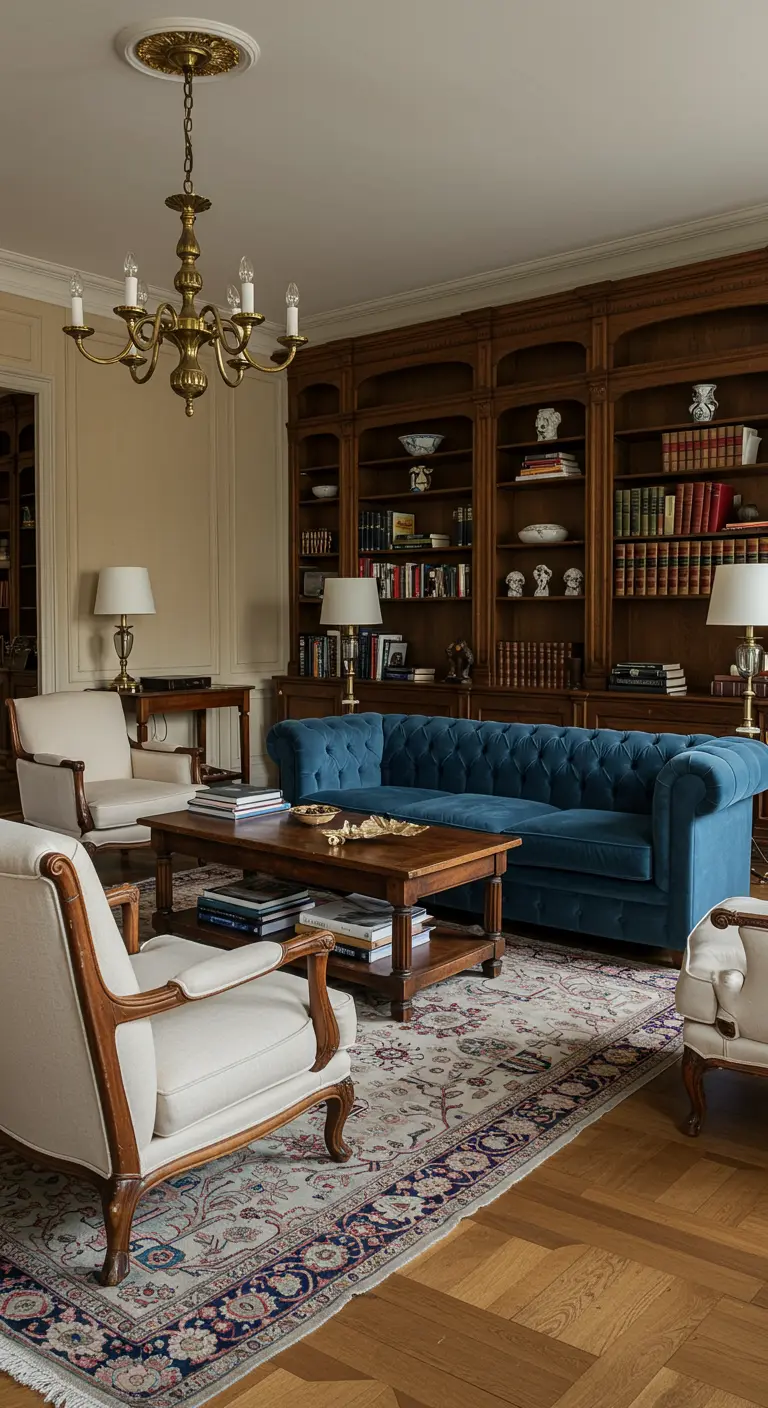Woonkamer met grote, ingebouwde houten boekenkast en blauwe fluwelen bank