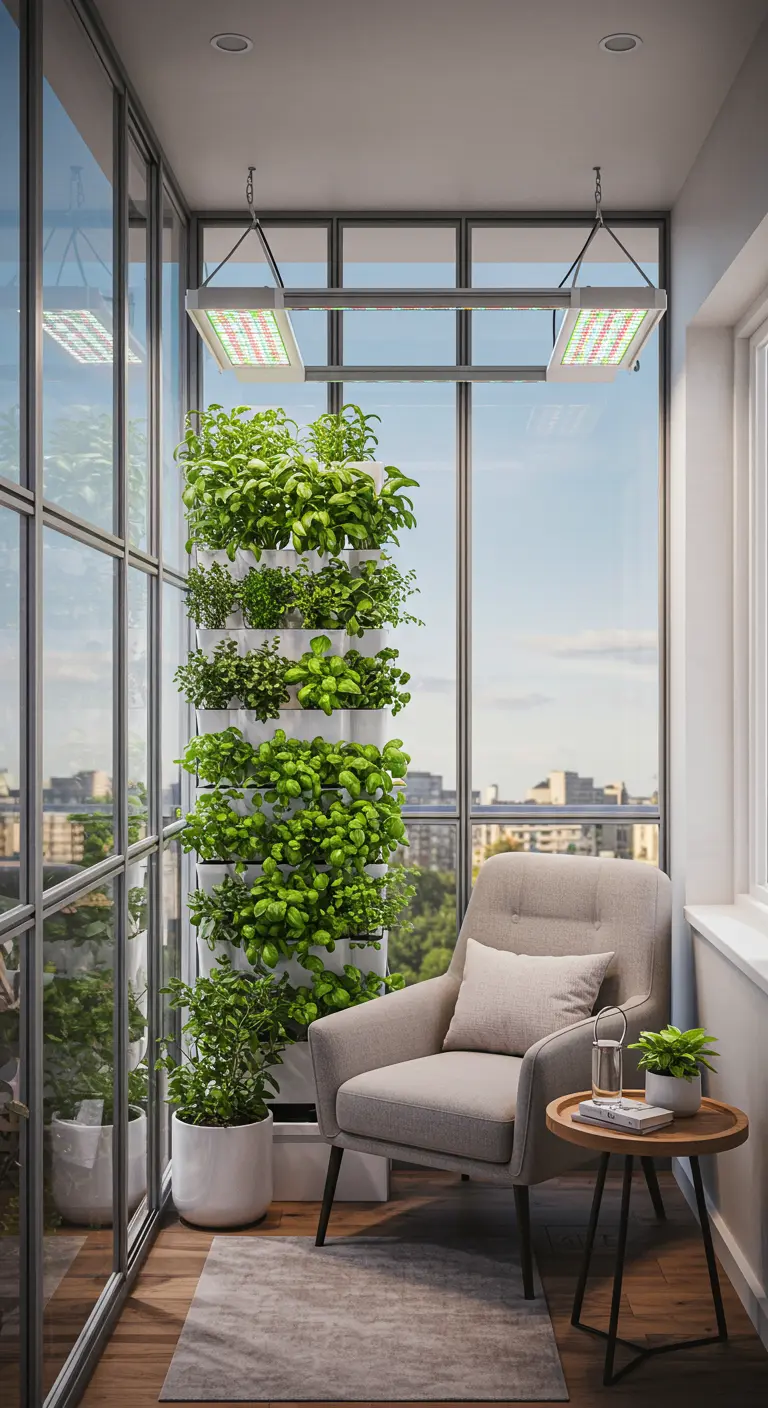Afgesloten balkon met een hoog, verticaal hydroponisch kruidensysteem met groeilampen en fauteuil.
