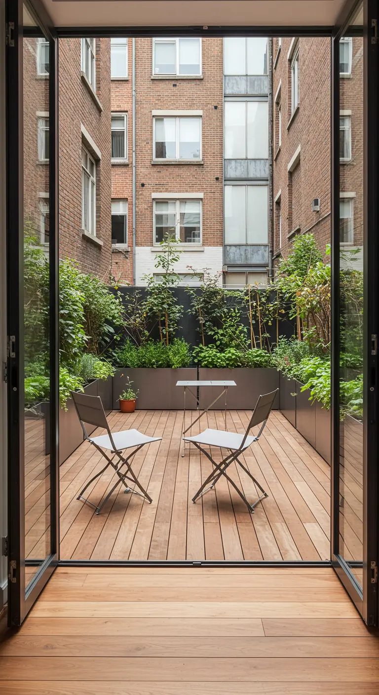 Uitzicht vanuit de woonkamer op een strak ingerichte stadstuin.