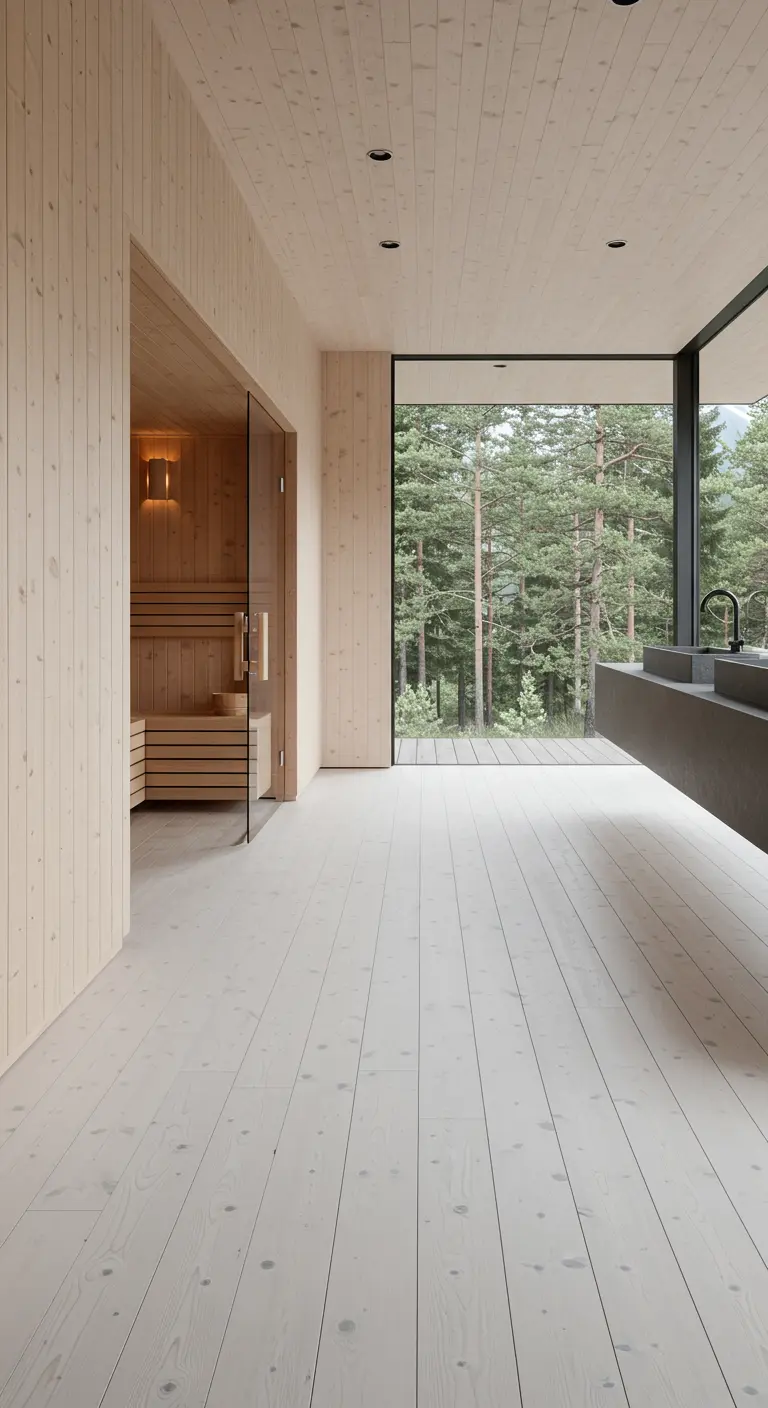 Ruime, lichte badkamer met houten vloeren en wanden, en een groot raam met uitzicht op een dennenbos.