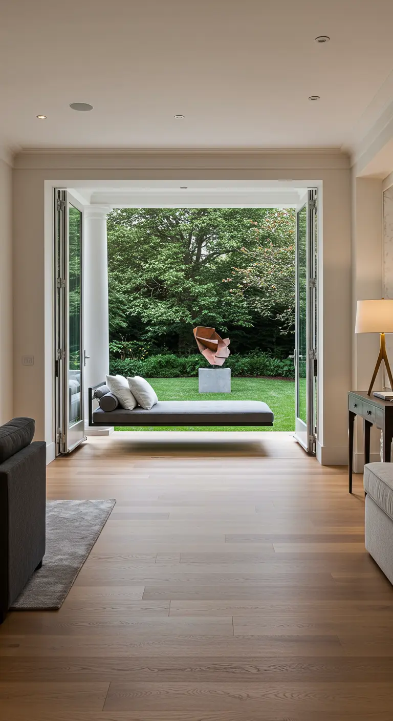 Modern hangend dagbed in de deuropening van een woonkamer naar een groene tuin.