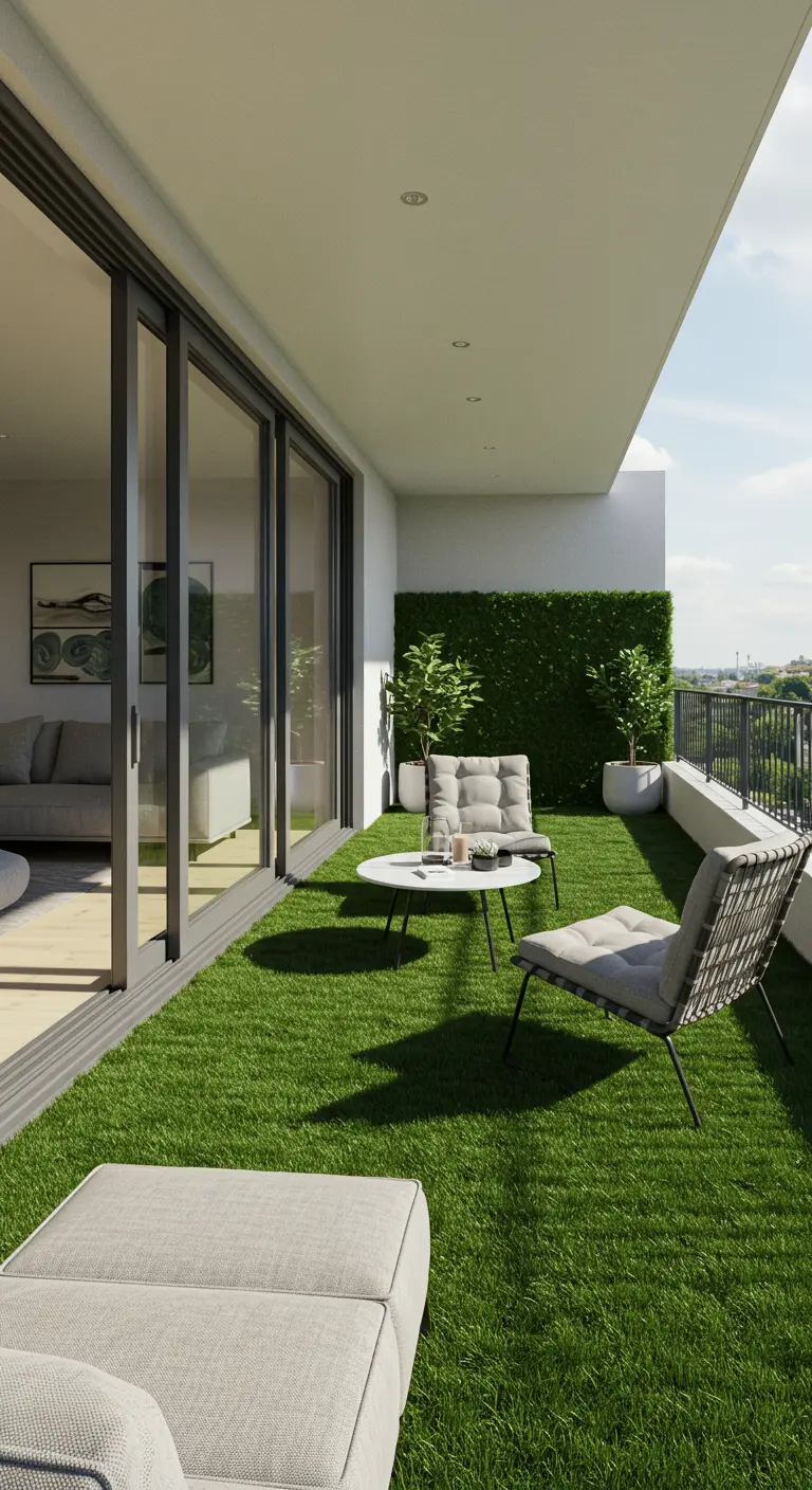 Balkon met kunstgras dat naadloos overloopt vanuit de woonkamer, met moderne loungestoelen.
