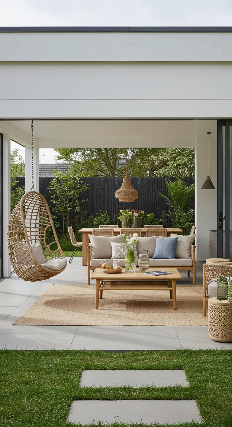 Modern terras dat overloopt in de woonkamer, met een rotan hangstoel en lichte meubels.