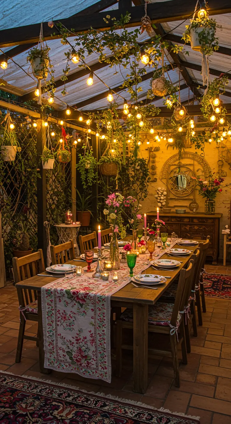 Sfeervolle eetkamer onder een overkapping vol lichtjes, planten en een gedekte tafel.