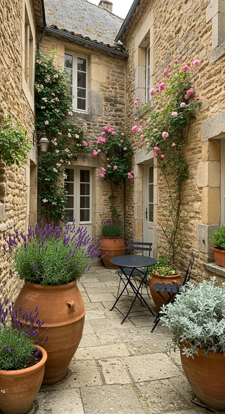 Franse binnenplaats met lavendel en rozen in grote terracotta potten.