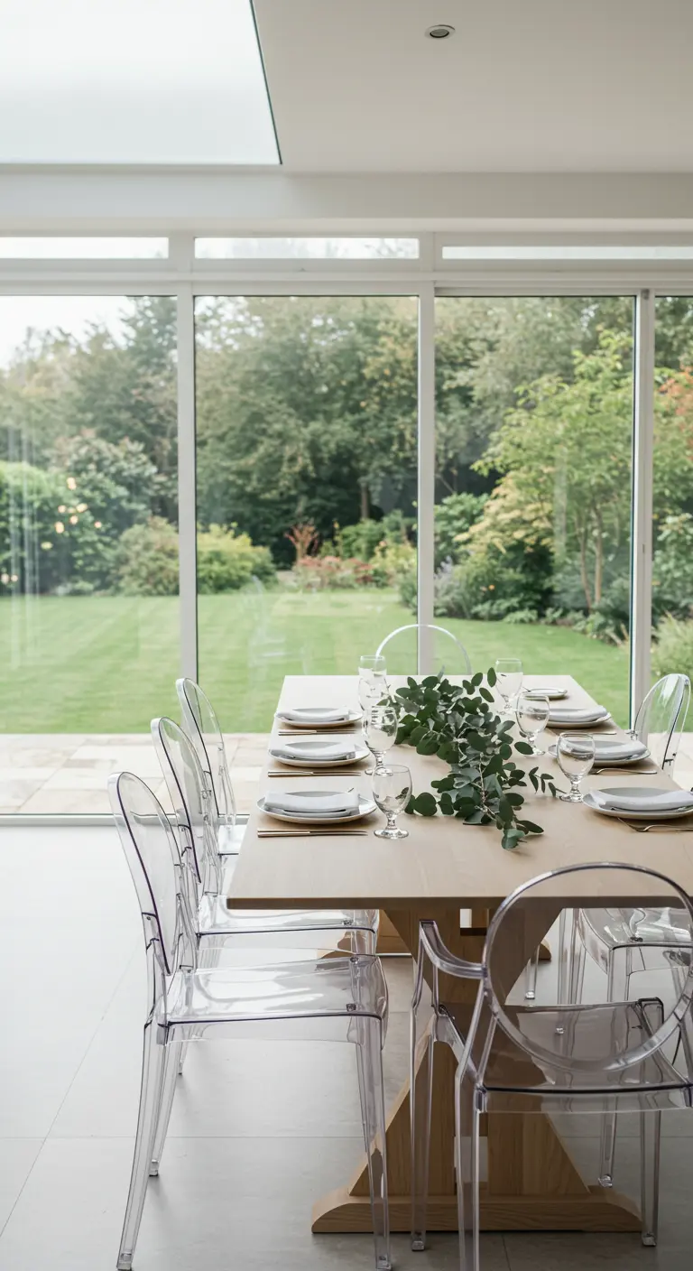 Houten eettafel met transparante stoelen voor een grote glazen pui met uitzicht op de tuin.