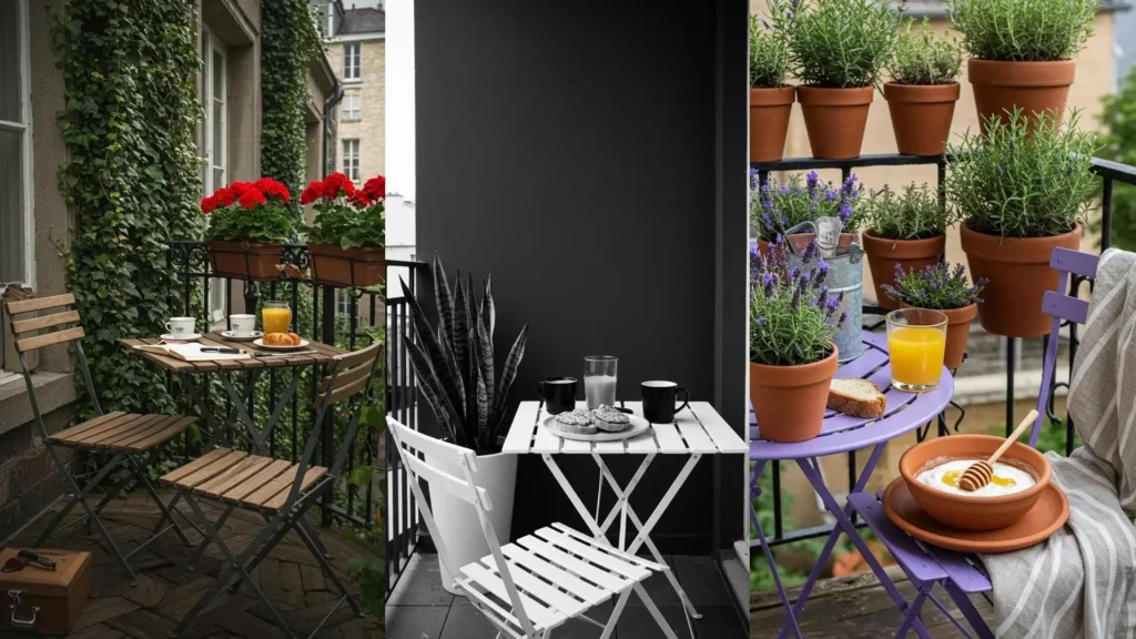 Drie romantische balkonontbijtplekken met gezellige bistrosets, kleurrijke bloemen en lekker servies.
