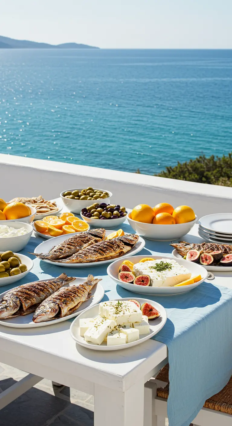 Buffet met gegrilde vis, olijven en feta aan een witte tafel bij de zee.