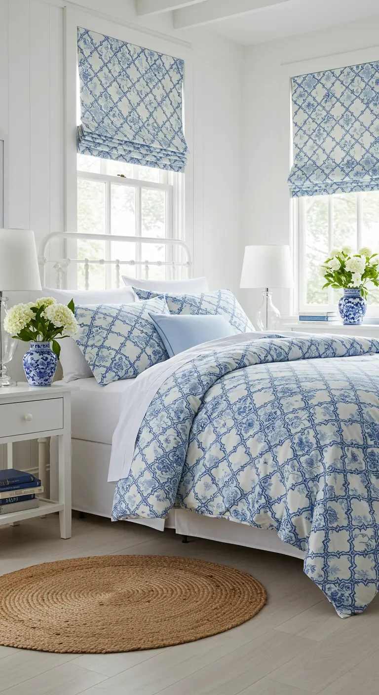 Slaapkamer in blauw-wit met bloemenprint beddengoed, Romeinse jaloezieën en witte meubels.