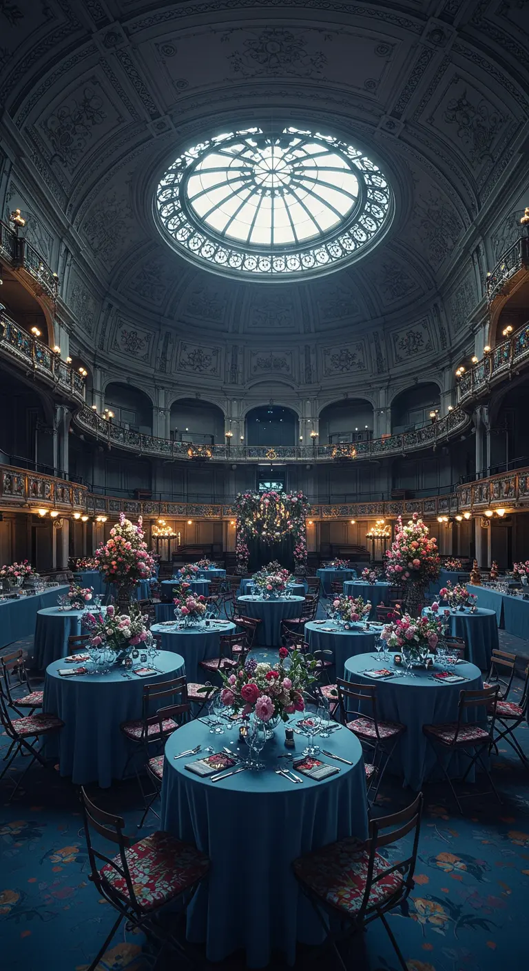 Grote balzaal met ronde tafels gedekt met blauwe kleden en roze bloemen onder een glazen koepel.