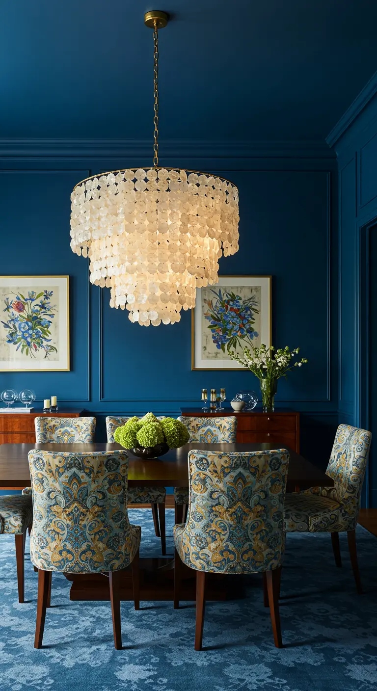 Luxe eetkamer met koningsblauwe muren en een grote kroonluchter van parelmoer.