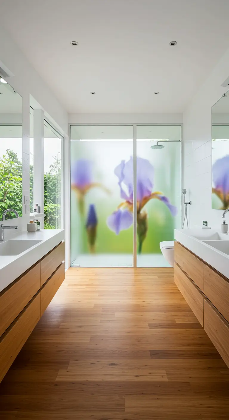 Lichte badkamer met een glazen douchewand waarop een grote, paarse irisbloem is geprint.