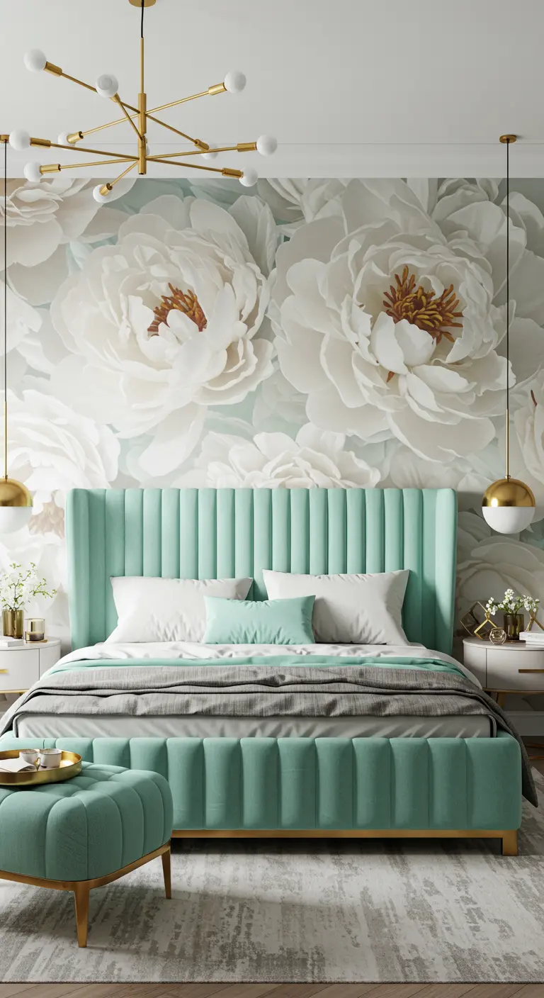 Moderne slaapkamer met pioenrozenbehang, een mintgroen fluwelen bed en gouden lampen.