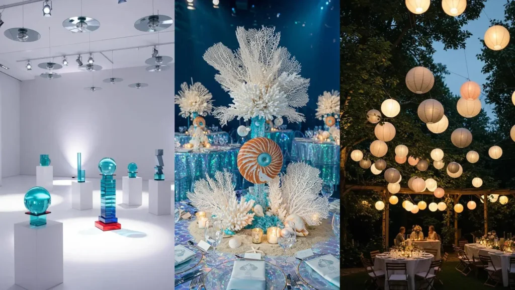 Creatieve feestdecoraties zonder bloemen: glaskunst, koraal centrumstukken en sfeervolle lampionnen.
