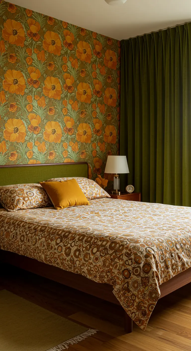 Slaapkamer met oranje bloemenbehang en een olijfgroen fluwelen hoofdbord.