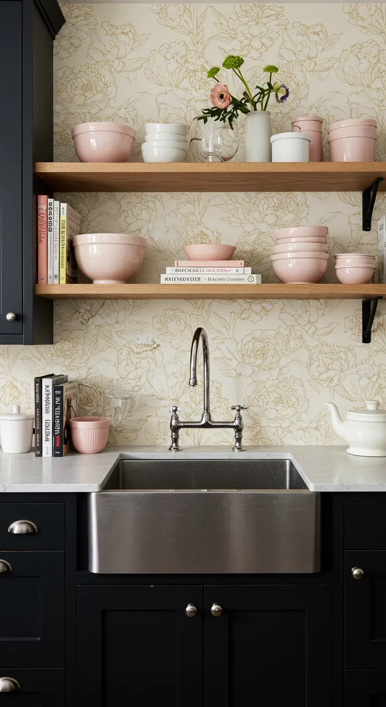 Detail van een zwarte keuken met bloemenbehang, houten planken met roze servies en een RVS-spoelbak.
