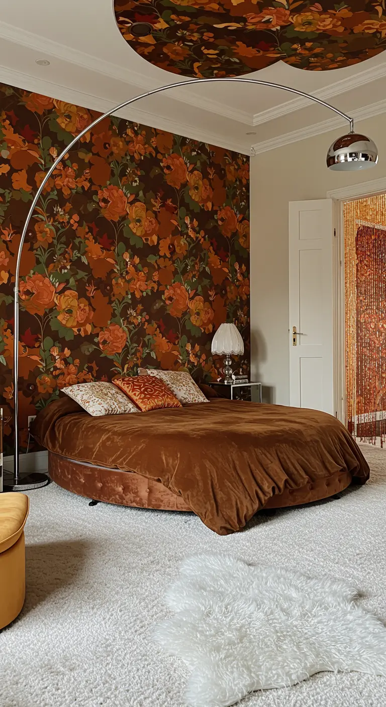 Slaapkamer met retro bloemenbehang, een rond bruin bed en een grote booglamp.
