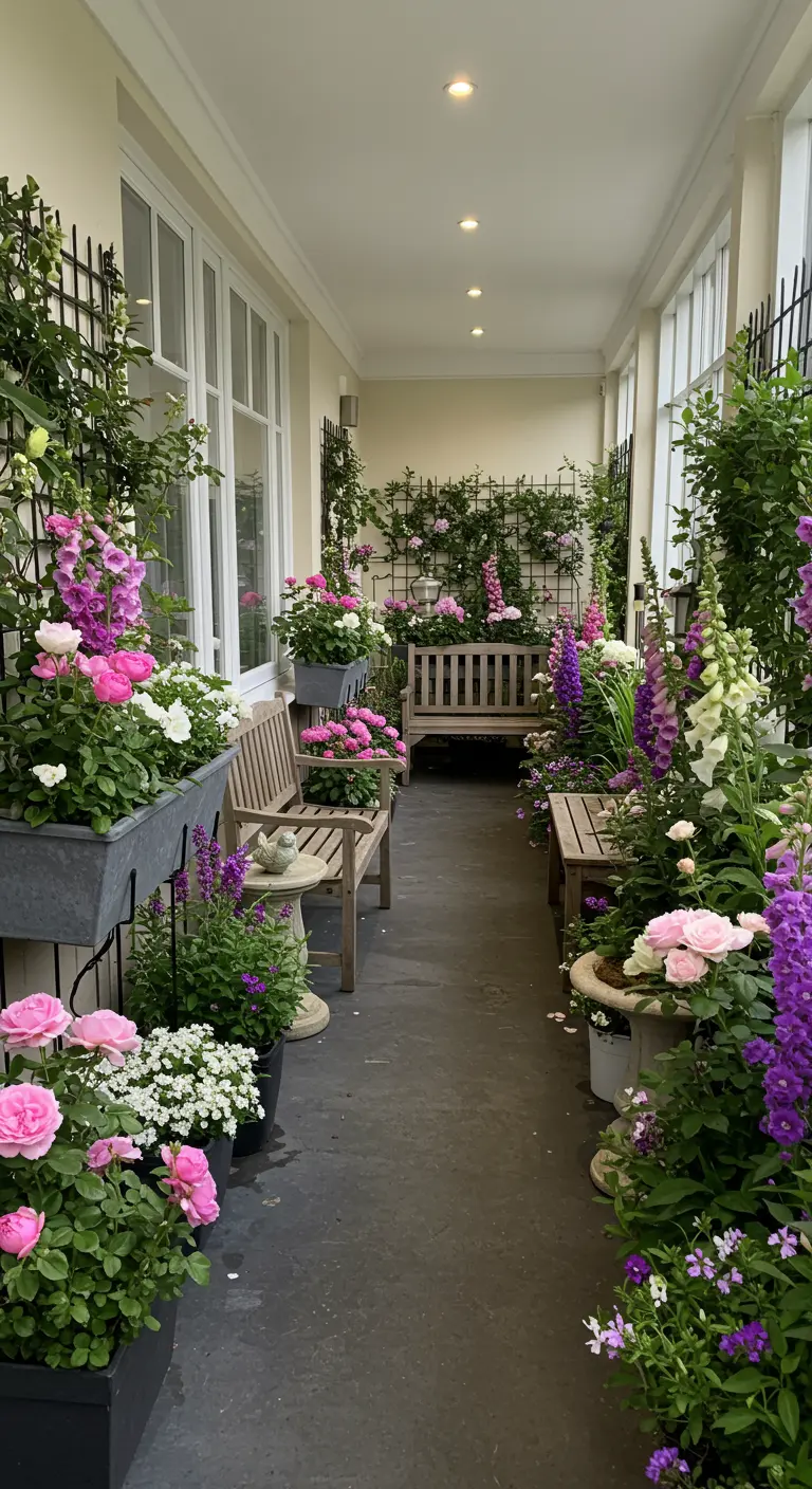 Lange veranda met bloeiende rozen en vingerhoedskruid, houten banken en klimplanten.