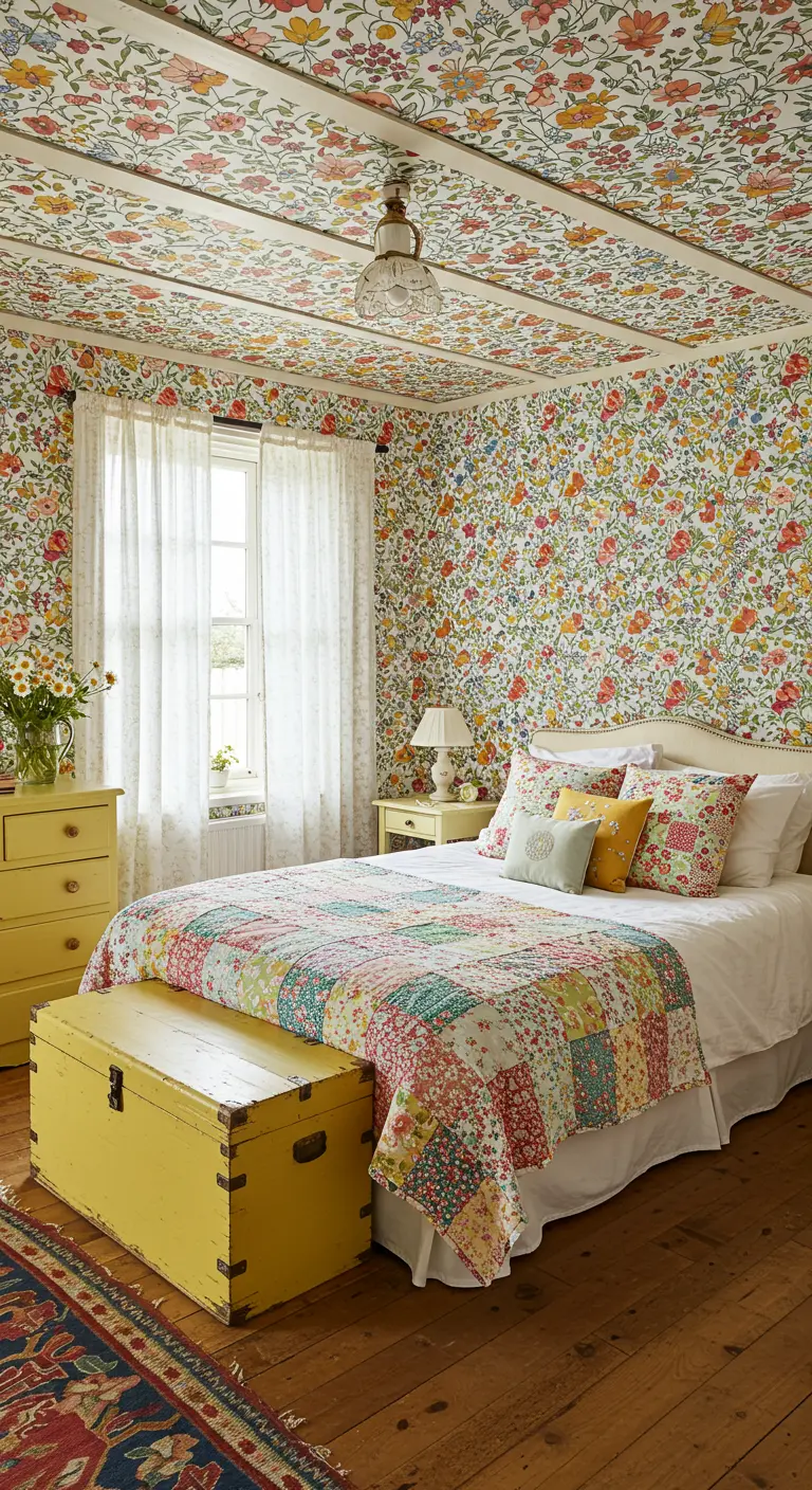 Kleurrijke slaapkamer met bloemenbehang op muren en plafond, patchwork quilt en gele meubels.