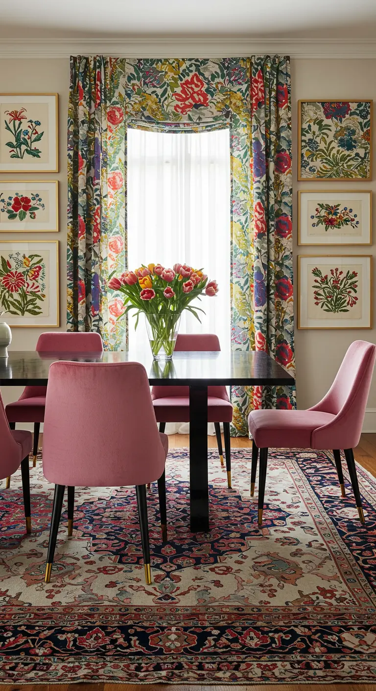 Kleurrijke eetkamer met gebloemde gordijnen, roze fluwelen stoelen en een Perzisch tapijt.