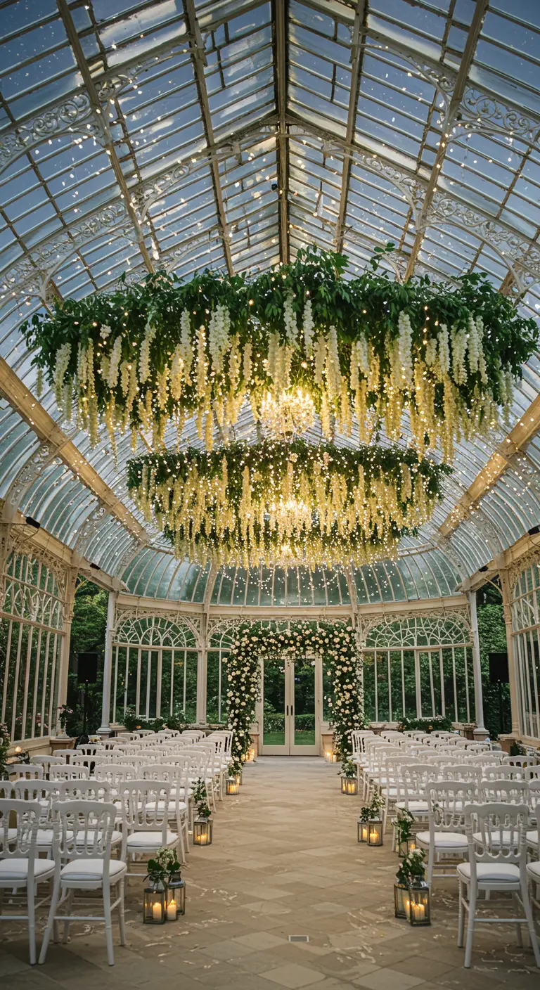 Ceremonie in een lichte orangerie met enorme hangende installaties van witte bloemen en lichtjes.
