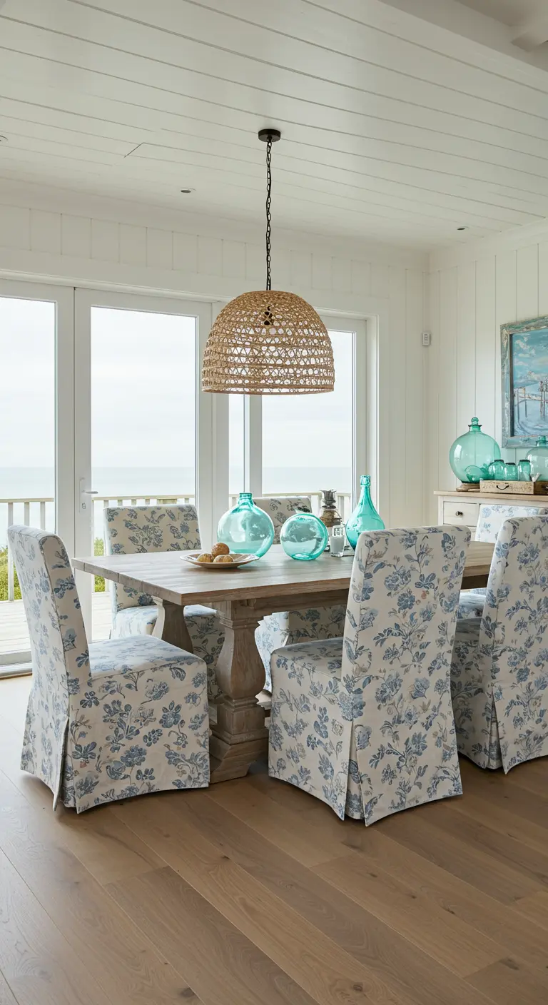 Lichtblauwe bloemenstoelhoezen in een eethoek met uitzicht op zee, met een grote rieten lamp.