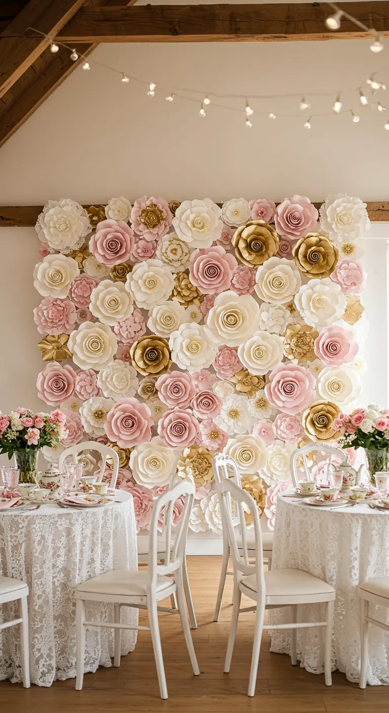 Wand bedekt met grote papieren bloemen in roze, wit en goud als achtergrond voor een theetafel.