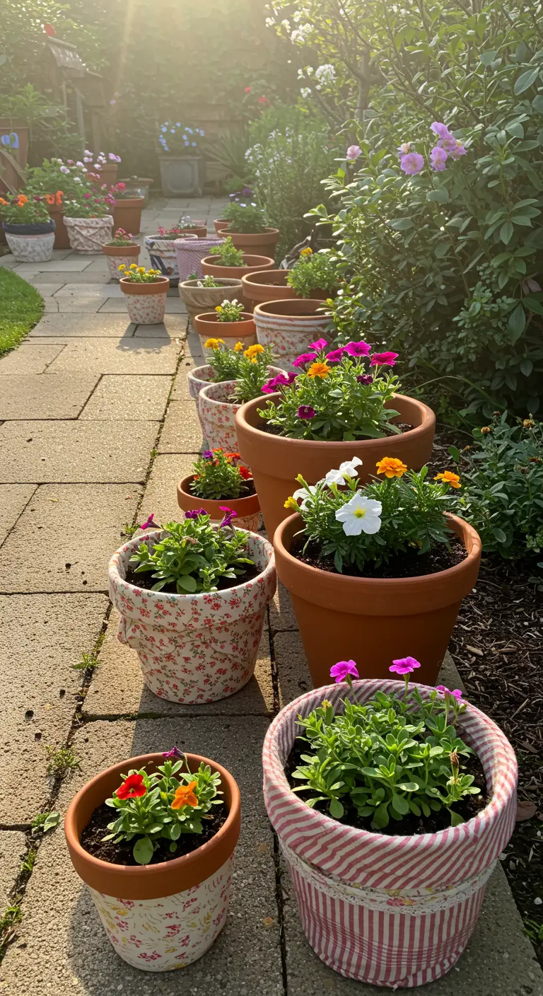 Rijen bloempotten, waarvan enkele zijn bekleed met bloemen- en streeppatronen stof.