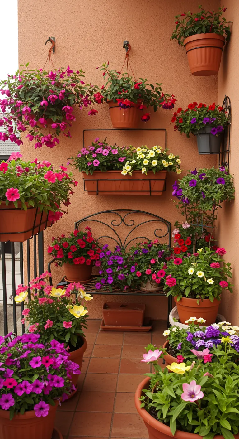Balkon met terracotta muur en veel terracotta bloempotten met kleurrijke petunia's.