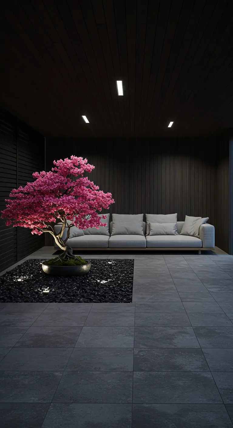Moderne, donkere ruimte met een lichte bank en een felroze bloesem bonsai.