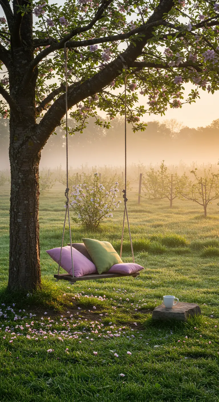 Houten plank schommel met pastelkussens onder bloesemboom in mistige boomgaard bij zonsopgang.
