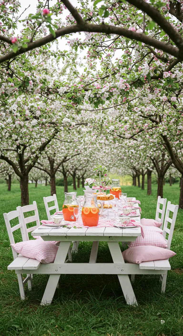 Witte picknicktafel met roze kussens en drankjes in een bloeiende boomgaard.
