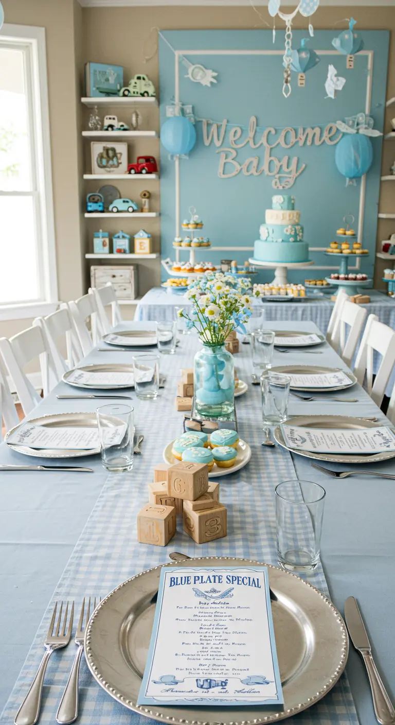 Tafel gedekt voor een babyshower in lichtblauw diner-thema.
