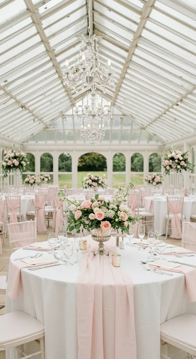 Witte tafels met roze lopers, bloemen en stoelstrikken in een glazen kas.