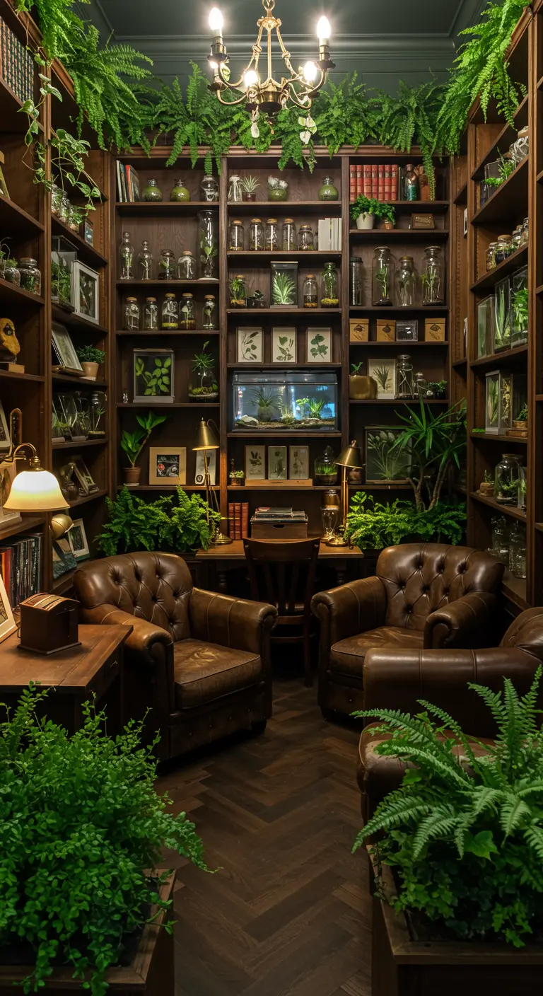Thuisbibliotheek met donkere houten planken vol boeken en planten, leren fauteuils.