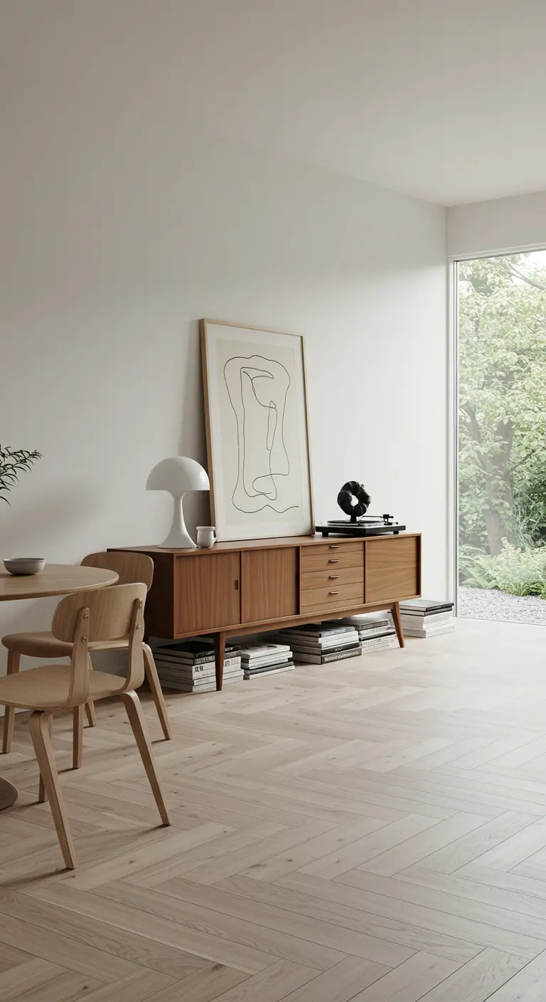Minimalistische eethoek met een houten dressoir dat rust op stapels boeken.