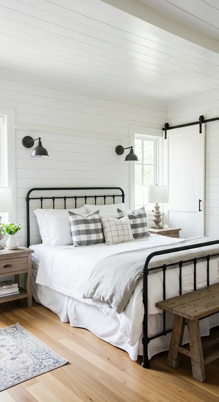 Modern farmhouse slaapkamer met een zwart metalen bed, witte lambrisering en een schuifdeur.