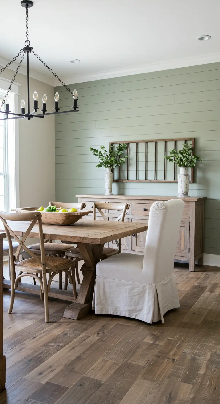 Landelijke eetkamer met shiplap muur, houten tafel, linnen hoesstoel en gevlochten rieten stoelen.