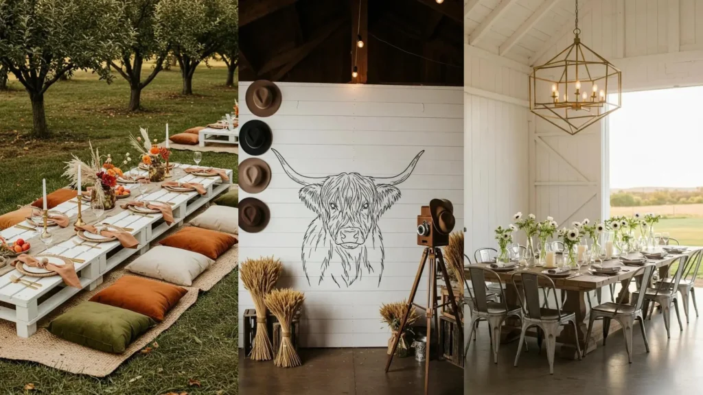 Sfeerimpressie van een boerderijfeest dat landelijke charme combineert met moderne elegantie, inclusief diverse eetsettings.