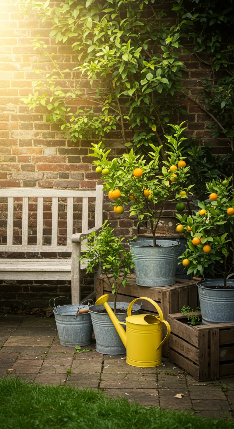 Rustieke tuin met houten bank, citrusplanten in zinken emmers en gele gieter.