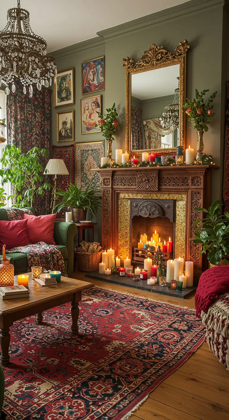 Kleurrijke boheemse woonkamer met bewerkte open haard, rode vloerkleed, planten en kaarsen.