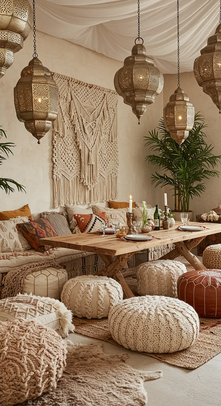 Boheemse eetkamer met lage zitplaatsen, kussens, macramé wandkleed en oosterse lantaarnlampen.