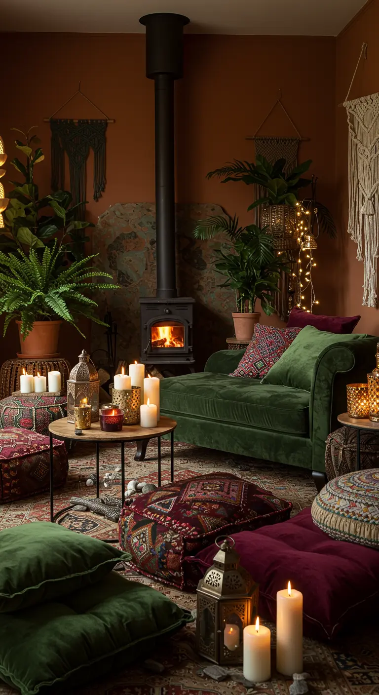 Boheemse woonkamer met terracotta muren, groene chaise lounge, planten, haard en vele kaarsen.