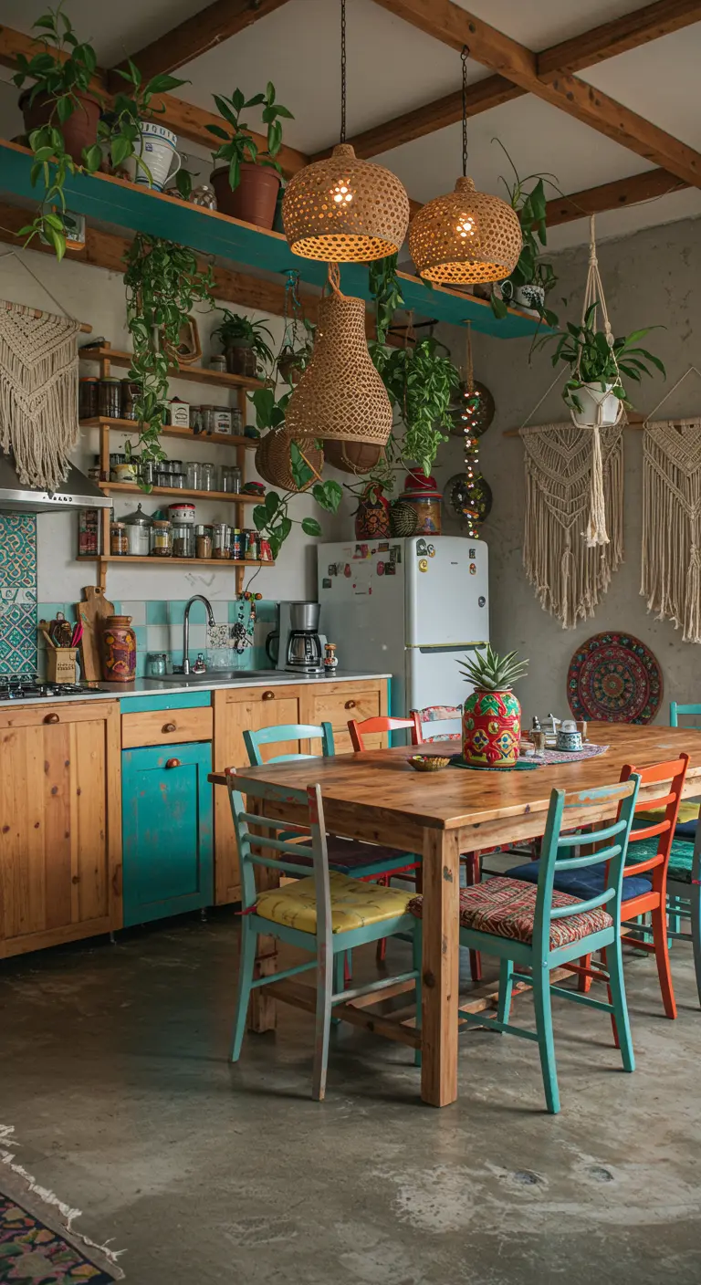Boheemse keuken met kleurrijke kasten, hangplanten, macrame wandhangers en diverse stoelen.