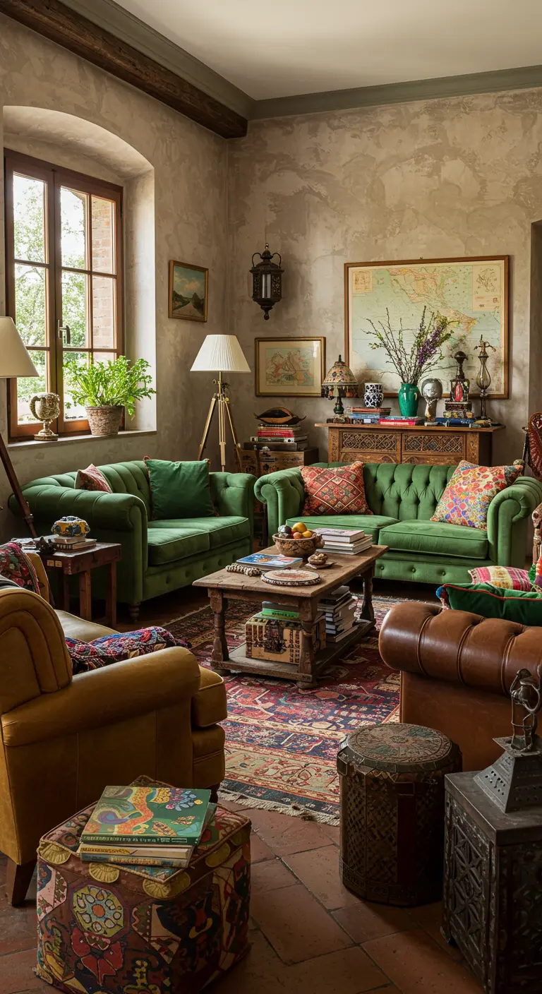 Eclectische woonkamer met groene banken, vintage meubels, antieke kaart en Perzisch tapijt.