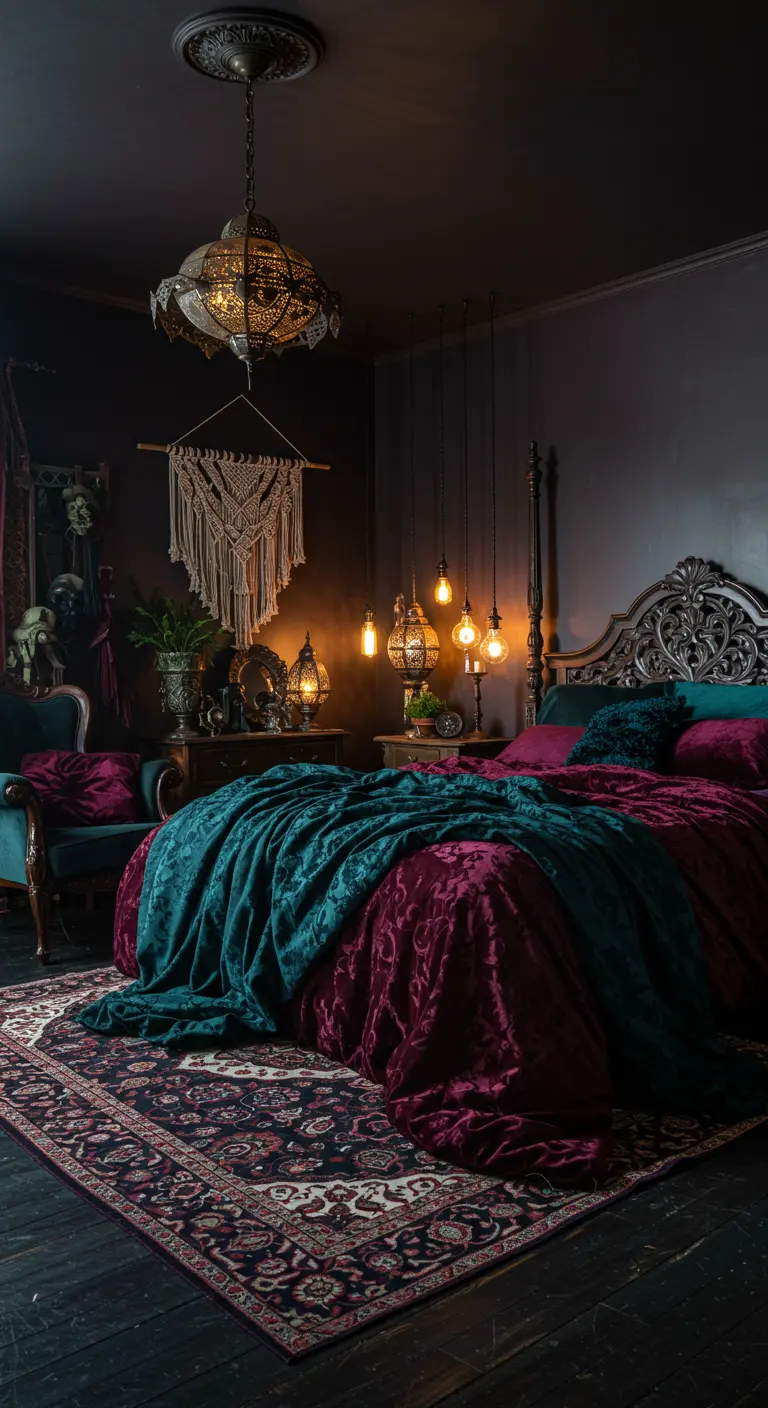 Mysterieuze slaapkamer met bordeauxrood en teal fluwelen beddengoed, oosterse lampen en een macramé wandkleed.