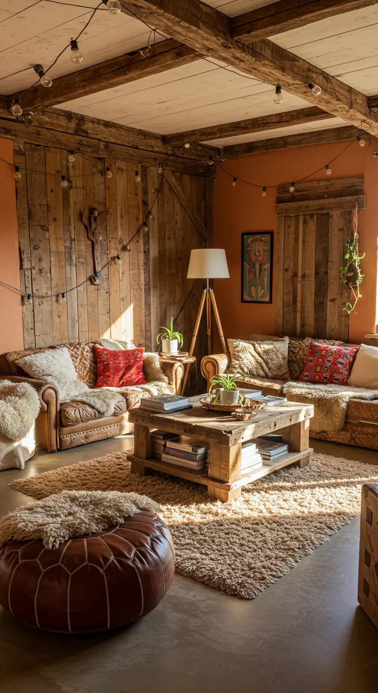 Woonkamer met houten wand, oranje muur, leren bank, schapenvachten en lichtslingers