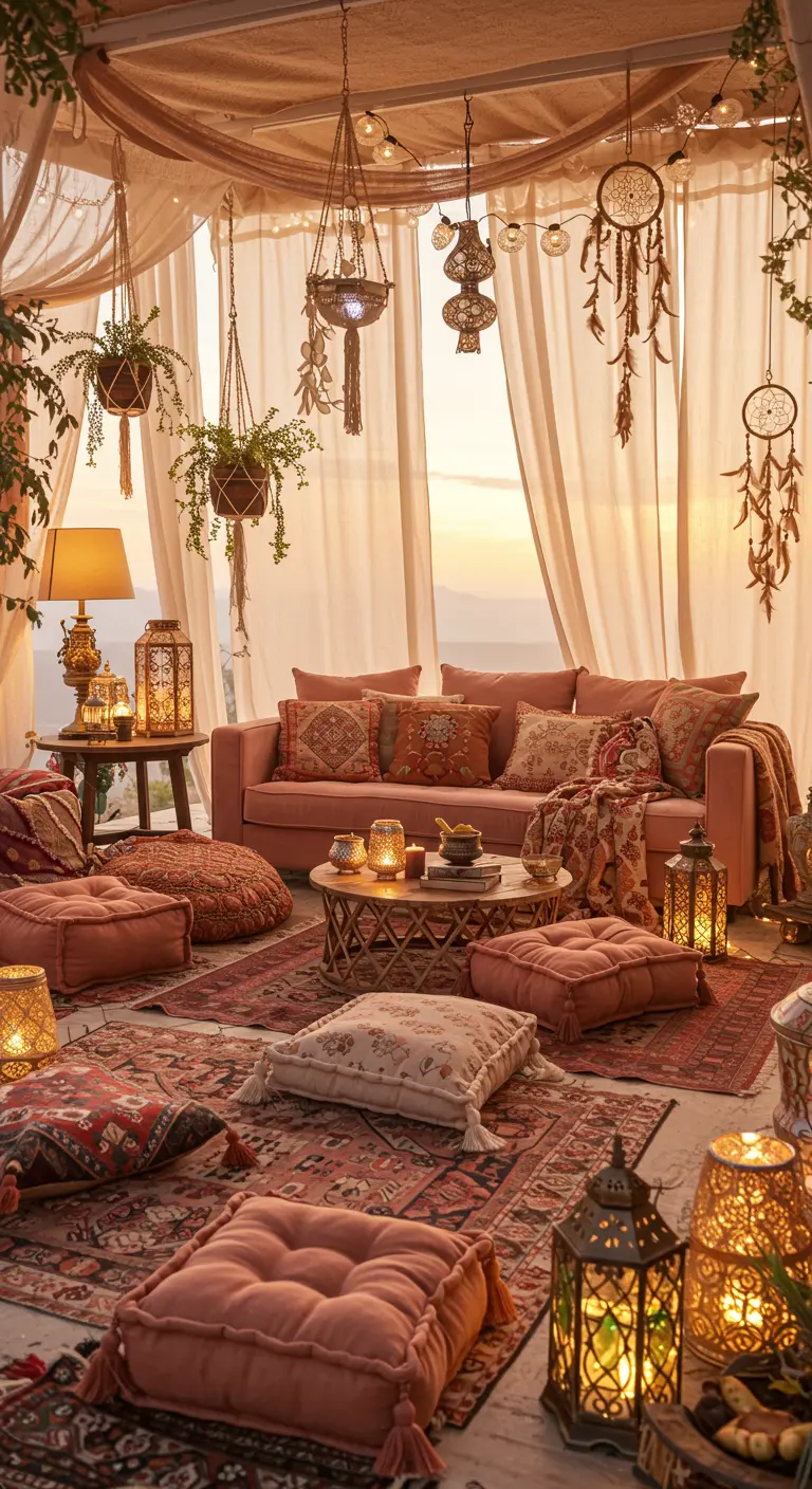 Boheemse lounge met roze bank, veel kussens, lantaarns en gedrapeerde stoffen.
