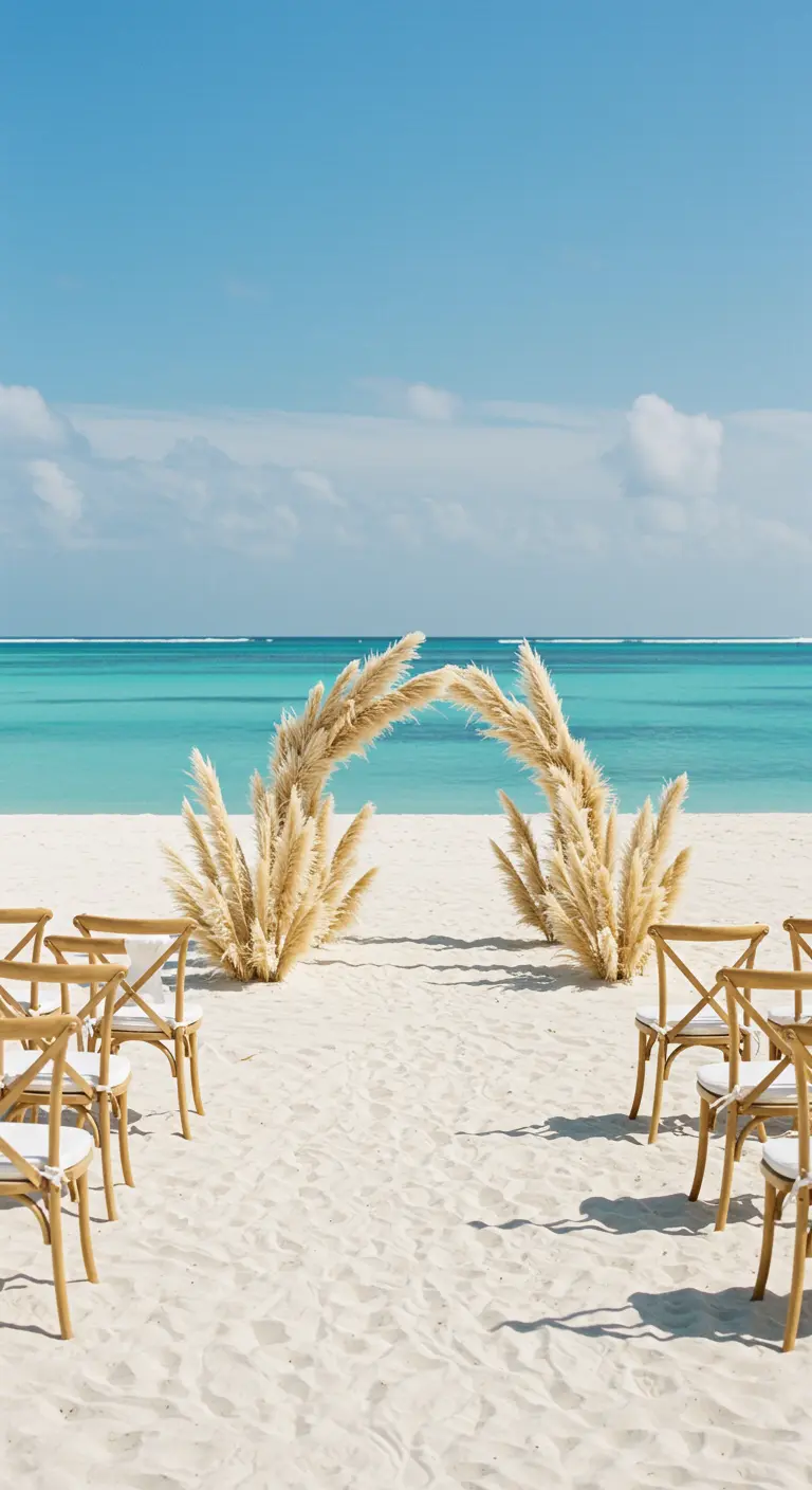 Ceremonie op het strand met een boog van pampasgras en houten stoelen.
